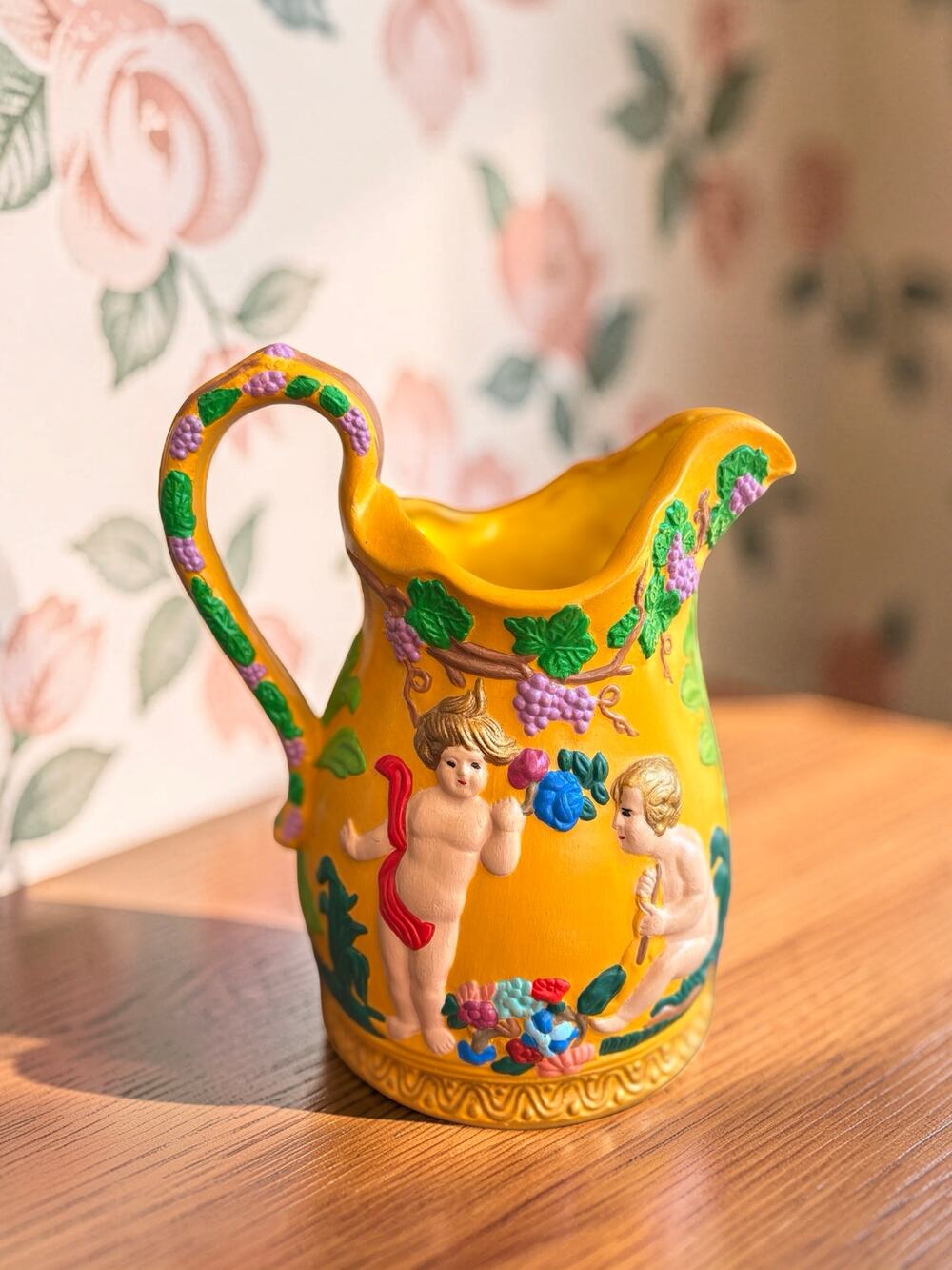 Decorative Ceramic Pitcher Cherubs Grapes Floral Yellow Raised Relief Bacchus